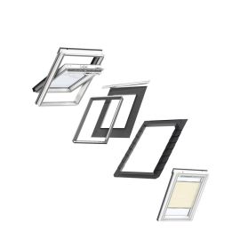 VELUX MK06 Centre-Pivot White Painted Window & Beige Pleated Blind Bundle for Slate 78x118cm
