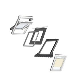VELUX MK04 Centre-Pivot White Painted Window & Beige Pleated Blind Bundle for Tile 78x98cm