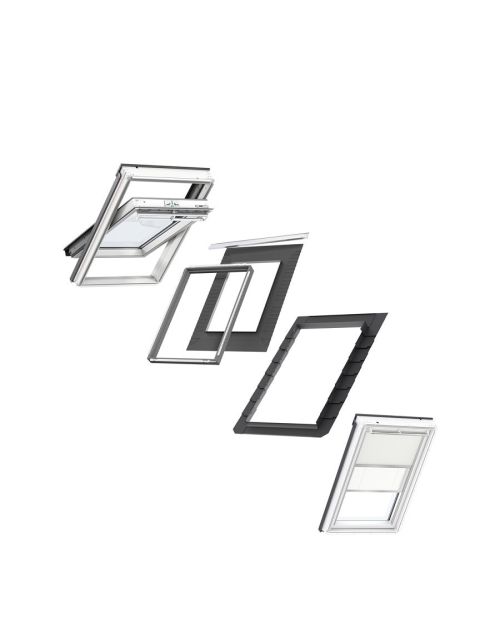 VELUX SK06 Centre-Pivot Window & Beige and White Duo Blind Bundle for Slate 114x118cm