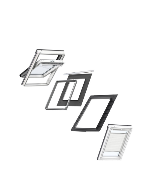 VELUX MK04 Centre-Pivot White Painted Window & White Pleated Blind Bundle for Slate 78x98cm