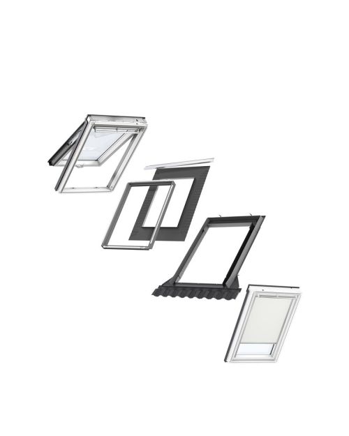 VELUX SK06 Top-Hung Window & Beige Blackout Blind Loft Bundle for Tile 114x118cm